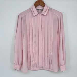 Vintage La Blouse Pleated Front Blouse Women 14 Pink Sheer Pearl Button Coquette